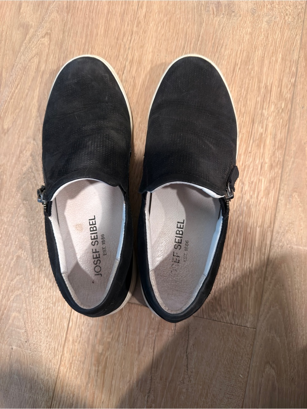 Josef Seibel Black Suede Slip-On Loafers with White Sole Trim